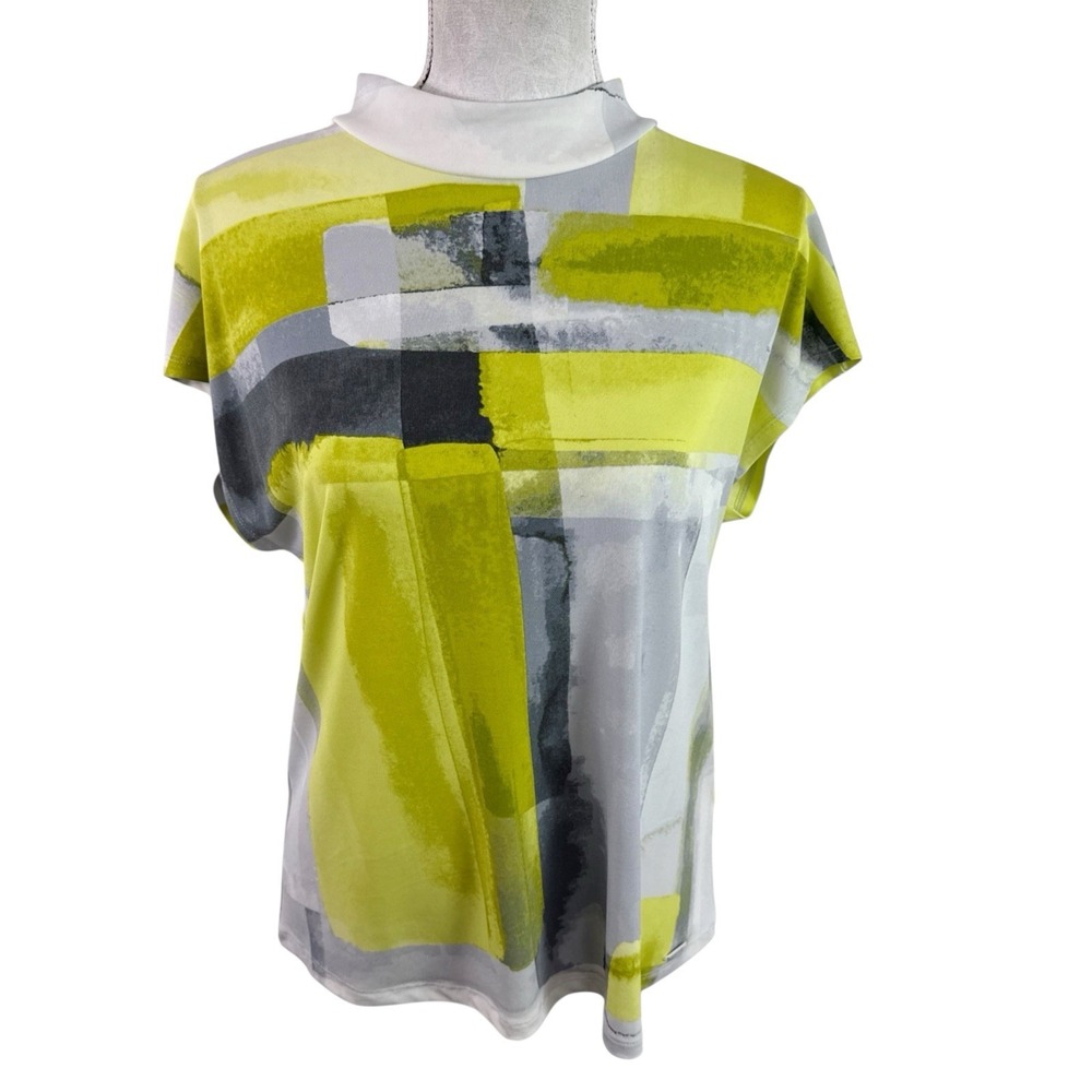 Calvin Klein Women's L Cap Sleeve Zip Back Knit Top Chartreuse Geo New‎